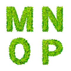 Latin alphabet font like grass leaves: M, N, O, P letter
