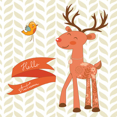 Hello autumn concept card with cute deer