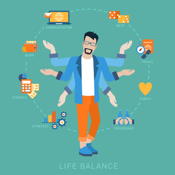 Life balance man lifestyle vector flat infografic: icons