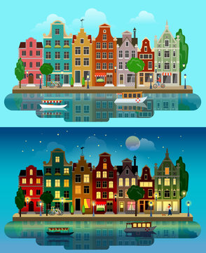 Vector flat European city: day, night, houses, canal, street