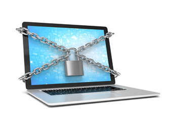3d illustration computer security. laptop locked with chains and