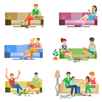 Vector flat people couple friends family sitting on sofa relax