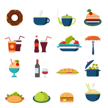 Flat vector food icons: menu, drink, restaurant, burger, bakery