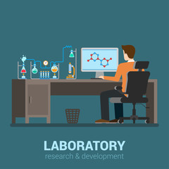 Vector flat science laboratory: lab worker workplace, chemical
