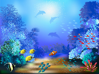 Panele Szklane Podświetlane  Podwodny świat z rybami i roślinami