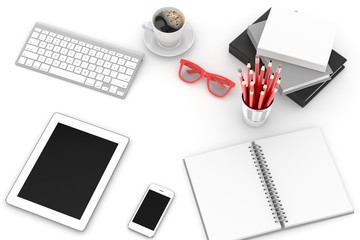 office stuff on table, workplace, top view