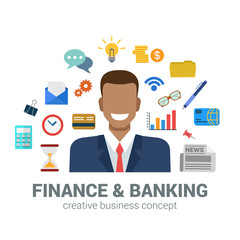 Banking and finance infographic icons concept, smiling man, bank