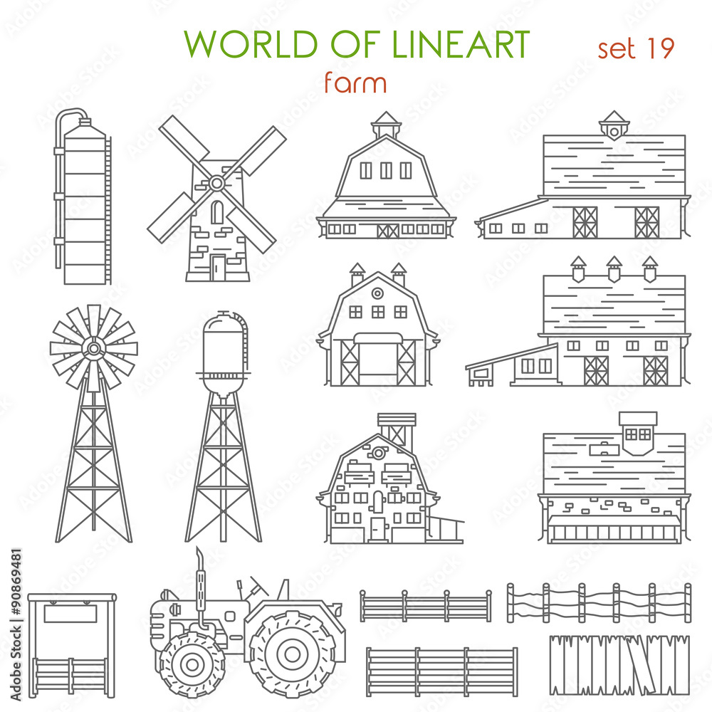 Wall mural lineart architecture farm agriculture building and objects