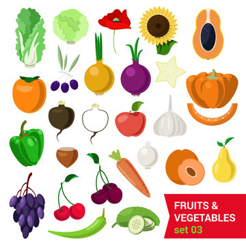 Flat vector set of food: fruit and vegetable, olive pear apple