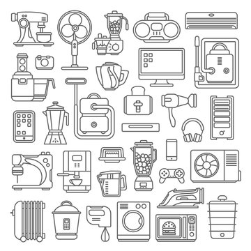 Line art graphical vector home appliances set kitchen electronic