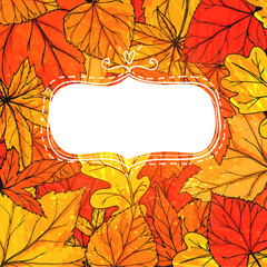 Naklejka na ściany i meble Autumn frame with hand drawn golden leaves. Vector fall design