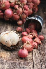 shallots and garlic on wood vintage