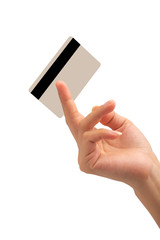 Female hand hold credit card on white background.
