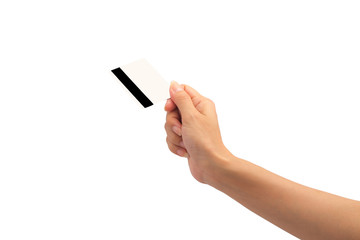 Female hand hold credit card on white background.
