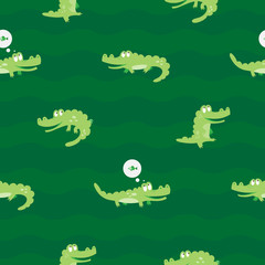 Vector seamless pattern with cute cartoon crocodiles on a green background.