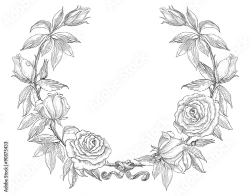"Roses wreath. Rose flower wreath. Vector floral circle border. Hand