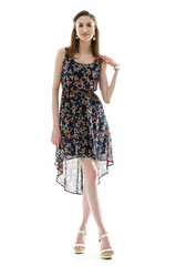 happy young woman smiling against white background