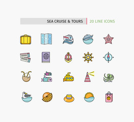Set of Thin Lines Icons Sea Cruise and Tour