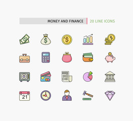 Flat Thin Line Icons of Money and Finance