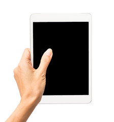 Female hand do action of holding Tablet PC on white background.