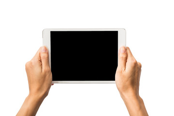 Female hand do action of holding Tablet PC on white background.
