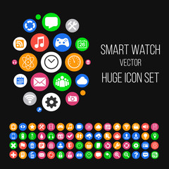 Modern Smartwatch Style Background with Huge Set of 64 Icons in 