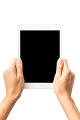 Female hand do action of holding Tablet PC on white background.