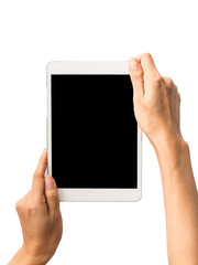 Female hand do action of holding Tablet PC on white background.