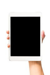 Female hand do action of holding Tablet PC on white background.