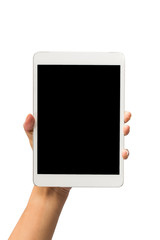 Hand hold tablet PC isolated on white background.