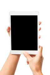 Hand hold tablet PC isolated on white background.