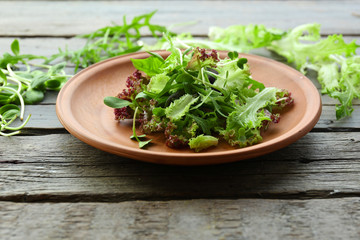 Plate of fresh mixed green salad on wooden table close up