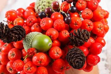 Autumn fruits of forest on rustic wooden background