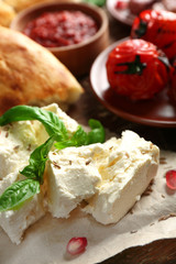 Ingredients of Mediterranean cuisine, on wooden board, close-up