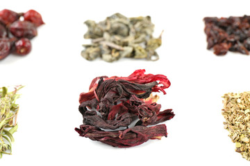 Various kinds of herbal tea and herbs isolated on white