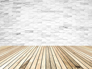 perspective wood plank floor with over blur Brick wall backgroun