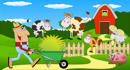 Obraz na płótnie Canvas the farmer and the animals grazing on the green lawn