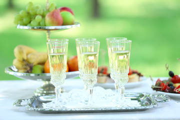 Snacks, fruits and drinks on table, outdoors. Garden party concept