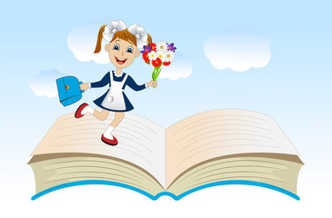 cheerful girl with a school uniform on an open book