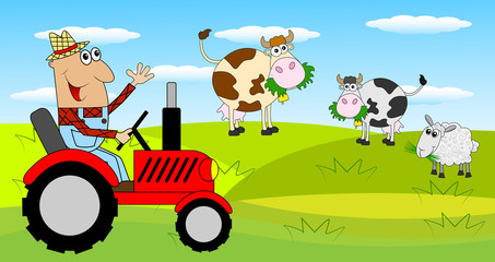 Obraz na płótnie Canvas the man is a farmer on a tractor and cows on the meadow