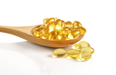 Cod liver oil omega 3 gel capsules isolated on white background - obrazy, fototapety, plakaty