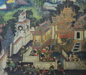 Thai mural painting on temple wall © boonsom