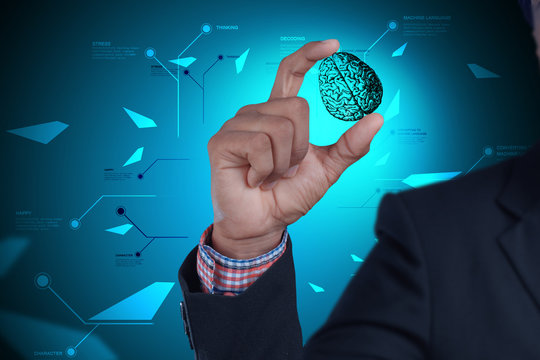 Man showing brain and gear wheels in color back ground