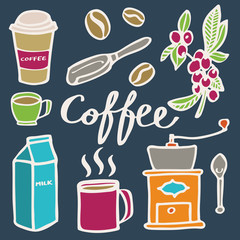 Coffee set. Hand-drawn cartoon coffee elements. Doodle drawing. 