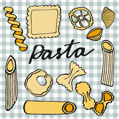Pasta set. Hand-drawn cartoon kinds of pasta. Doodle drawing. 
