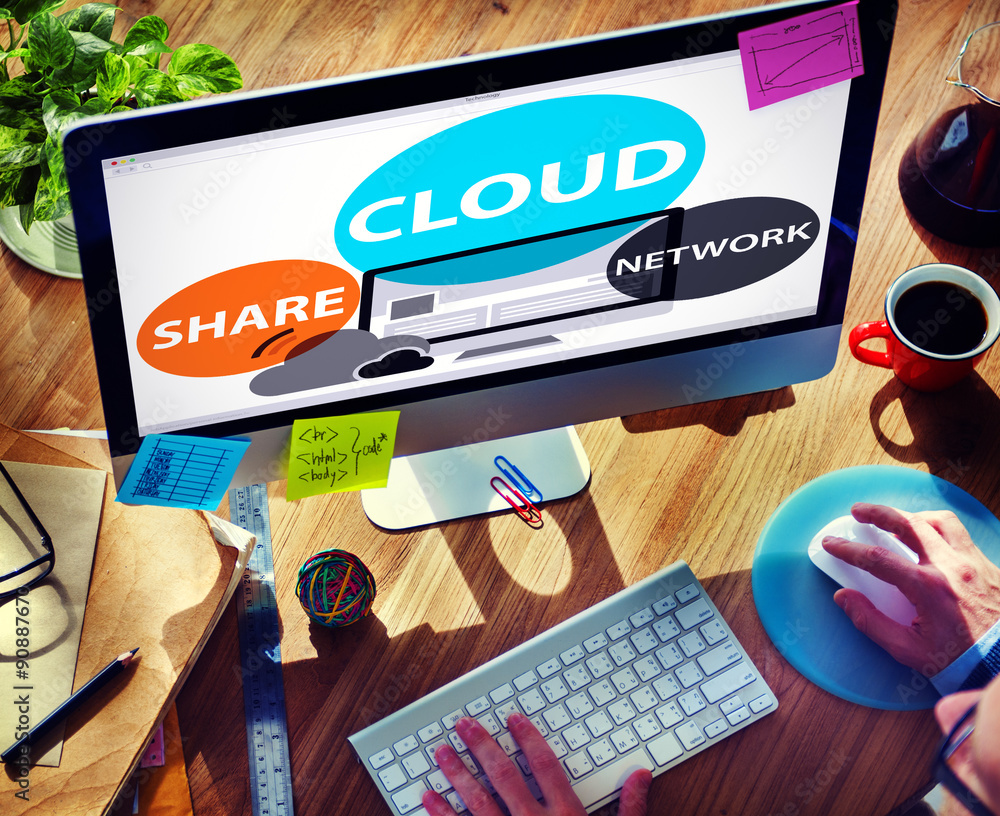 Poster cloud computing database transfer internet technology concept