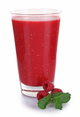 Glass of fresh raspberry cocktail and raspberries isolated on white