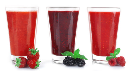 Raspberry, strawberry and blackberry cocktails and berries isolated on white