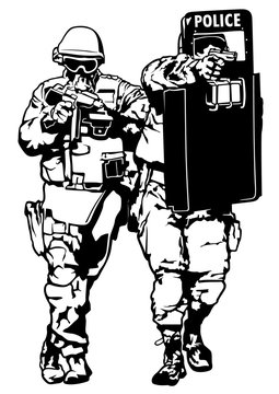 Special Police Forces - Black and White Illustration, Vector
