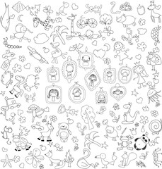 Fototapeta na wymiar Children's drawings of doodle animals, people, flowers
